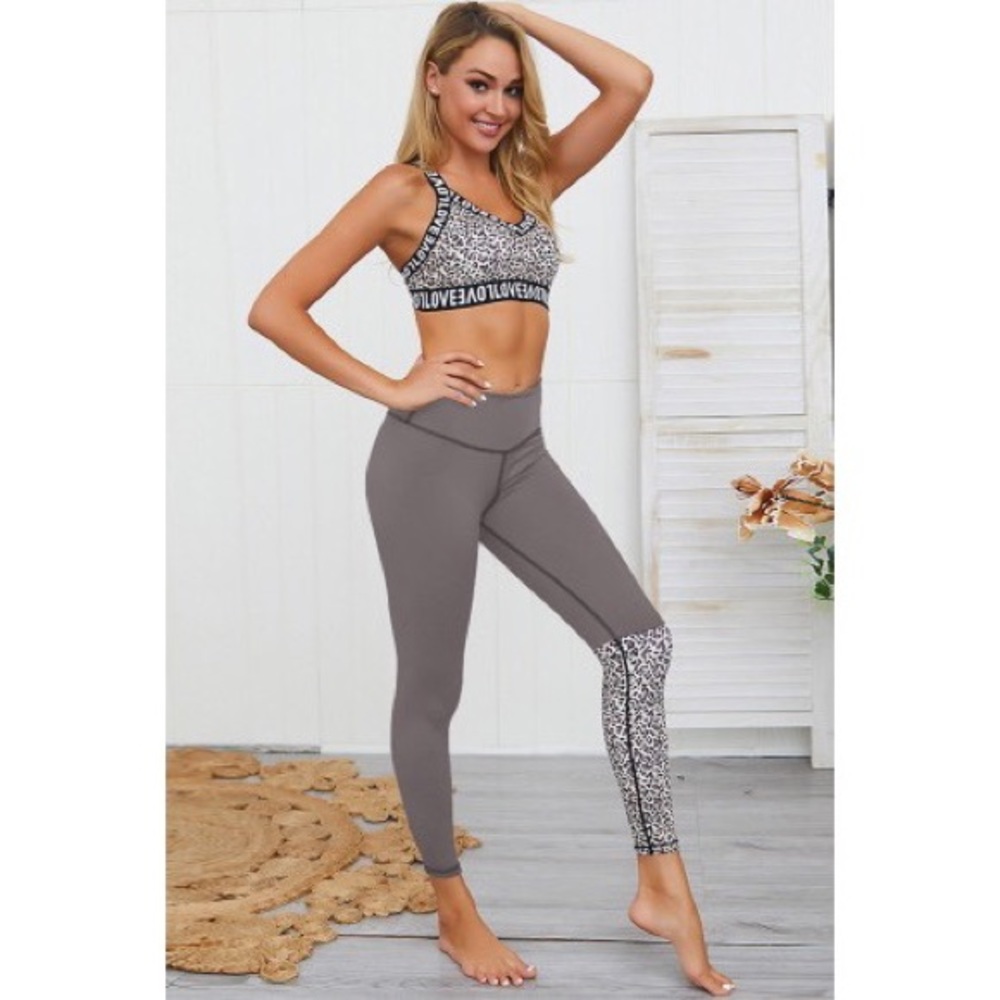 Gray Leopard Leggings and Sports Bra Yoga Set - Picture 2 of 7